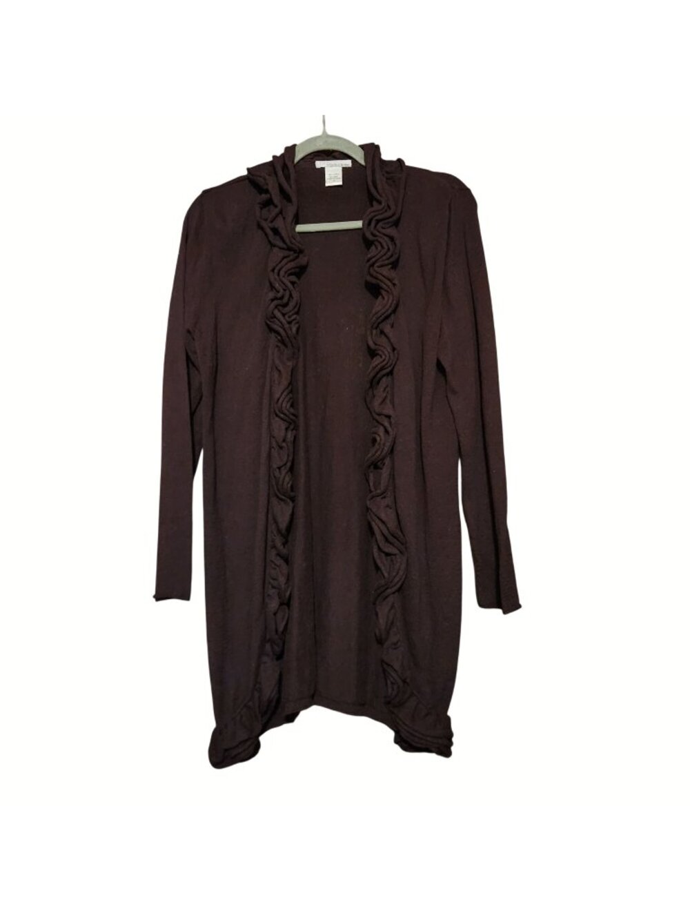 Long Dark Purple Open Front Cardigan Ruffled Collar Ruffled Trim Size M